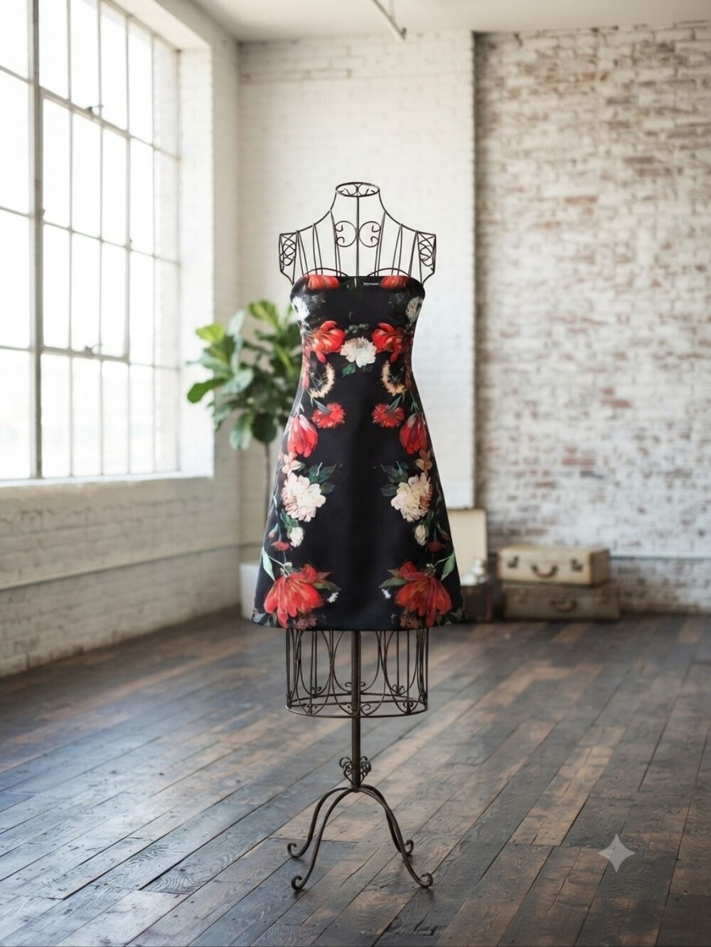 Express Black Strapless Floral A-Line Dress with Red and Cream Blooms